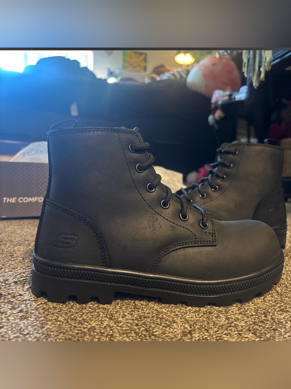 Women’s leather work boots with steel toe - Skechers Black Lace-Up Ankle High